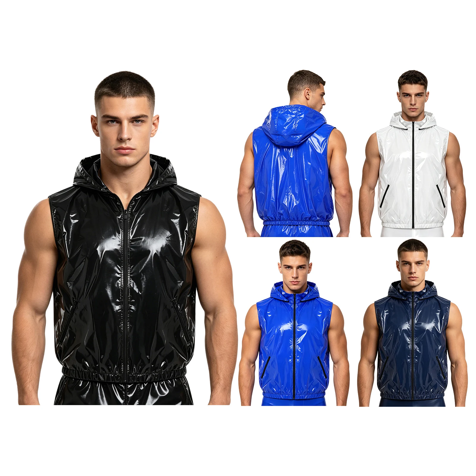 Men Women Waterproof Hooded Vest Sauna Suit Sleeveless Detachable Zipper Hat Pockets Tank Top Jacket for Sports Cycling Club