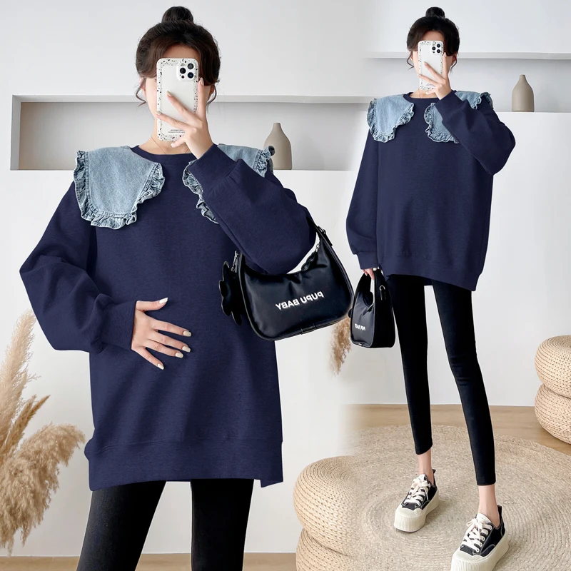 

5911# Autumn Winter Fashion Maternity Hoodies Cute Ruffle O Neck Loose Sweatshirt Clothes for Pregnant Women Pregnancy Tops Tees