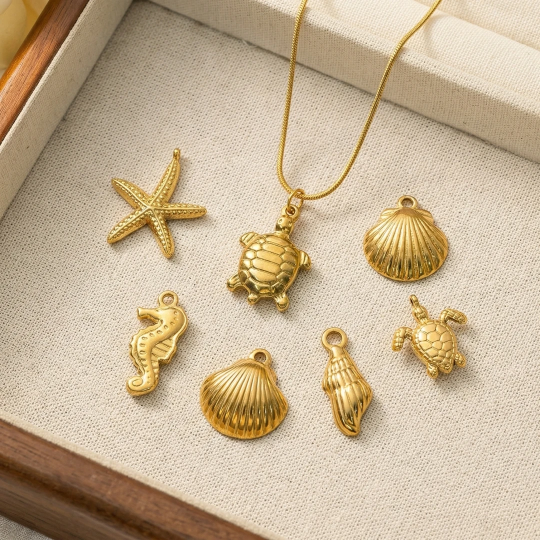 5pcs Stainless Steel Starfish Charms Shell Fish Tail Hippocampus Gold Charms Pendants Jewelry Making Ocean Dangle Accessories image 4