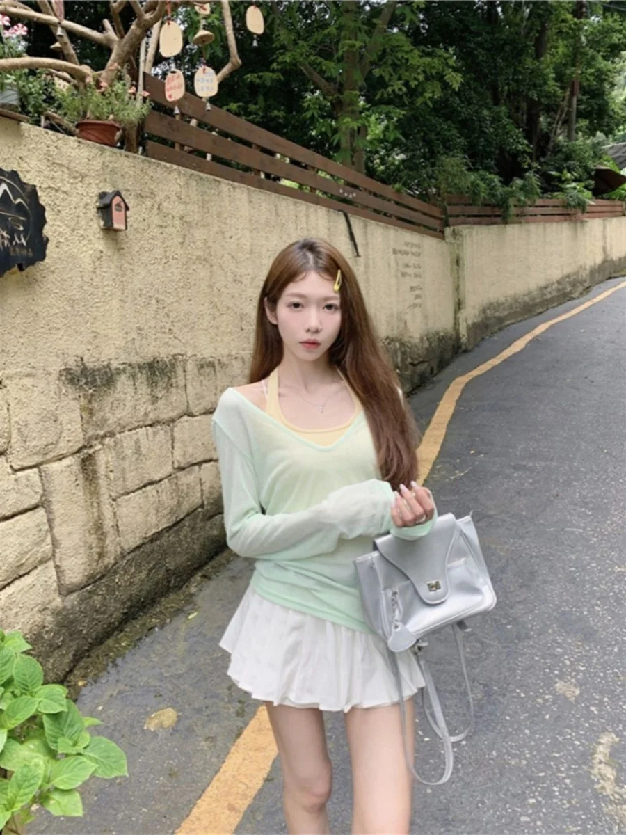 

Pure Desire Sle Women's Summer Thin V-ne Set Hanging Ne Tube Top Faionable Two-piece Polyester Long Sve round Ne