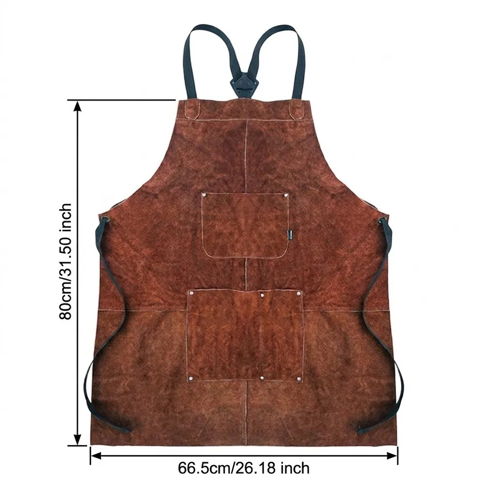 /Brown /Split /Cowhide Leather BBQ Apron Heat Resistant Spark Proof With Storage Pocket For Outdoor Camping Barbecue Cooking Too
