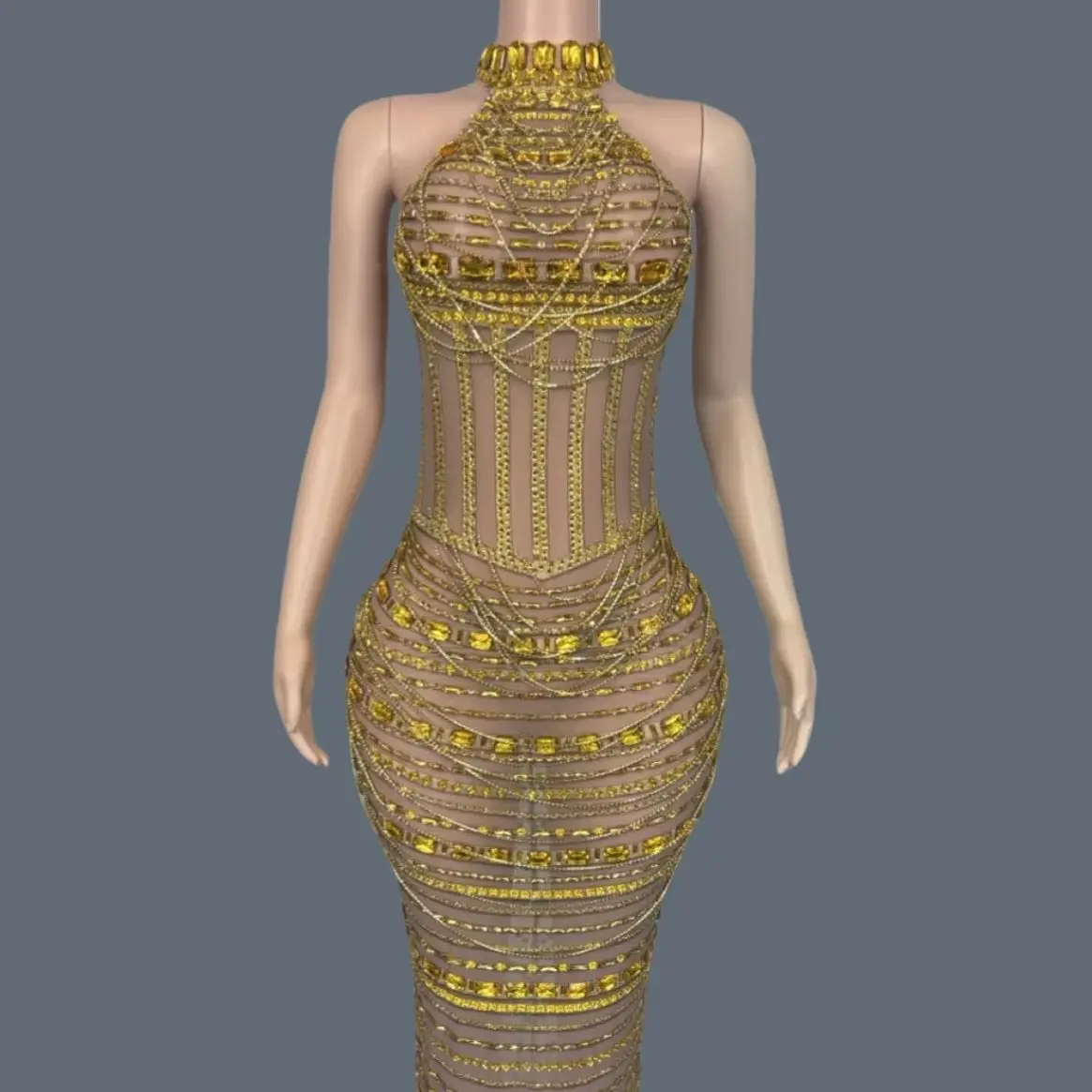

High-end Sparkly Rhinestone Couture Crystals Chains Celebrate Party Holiday Birthday Outfit Night Out Sexy Women Dress Guidao