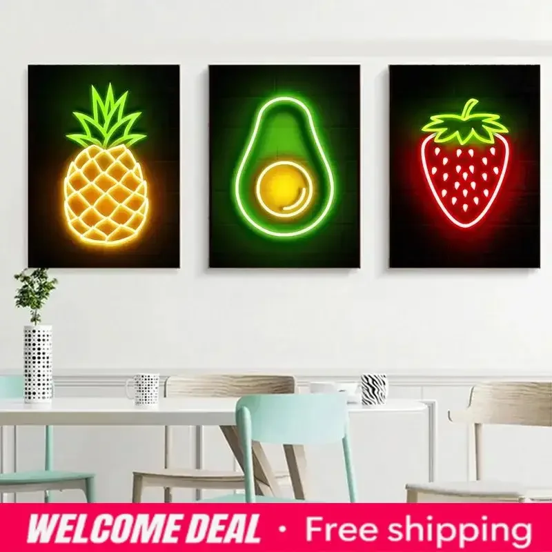2026  Pineapple Strawberry Banana Peach Fruit Neon Sign Poster Canvas Painting Print Wall Pictures Restaurant Kitchen Bar Roo