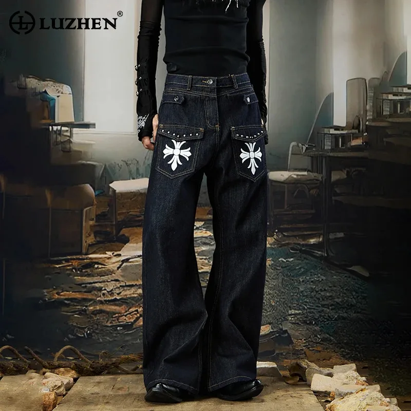 LUZHEN Denim Original Straight Personalized Pattern Casual Pockets Decorate Pants Men's Handsome Street Wide Leg Jeans JY9169