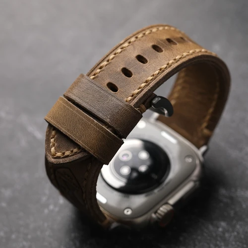 Imagen 2 del producto Cuero de vaca de primera capa hecho a mano, cuero alemán adaptado para Apple Watch S10 Ultra 49MM, pulsera gruesa Retro Keather