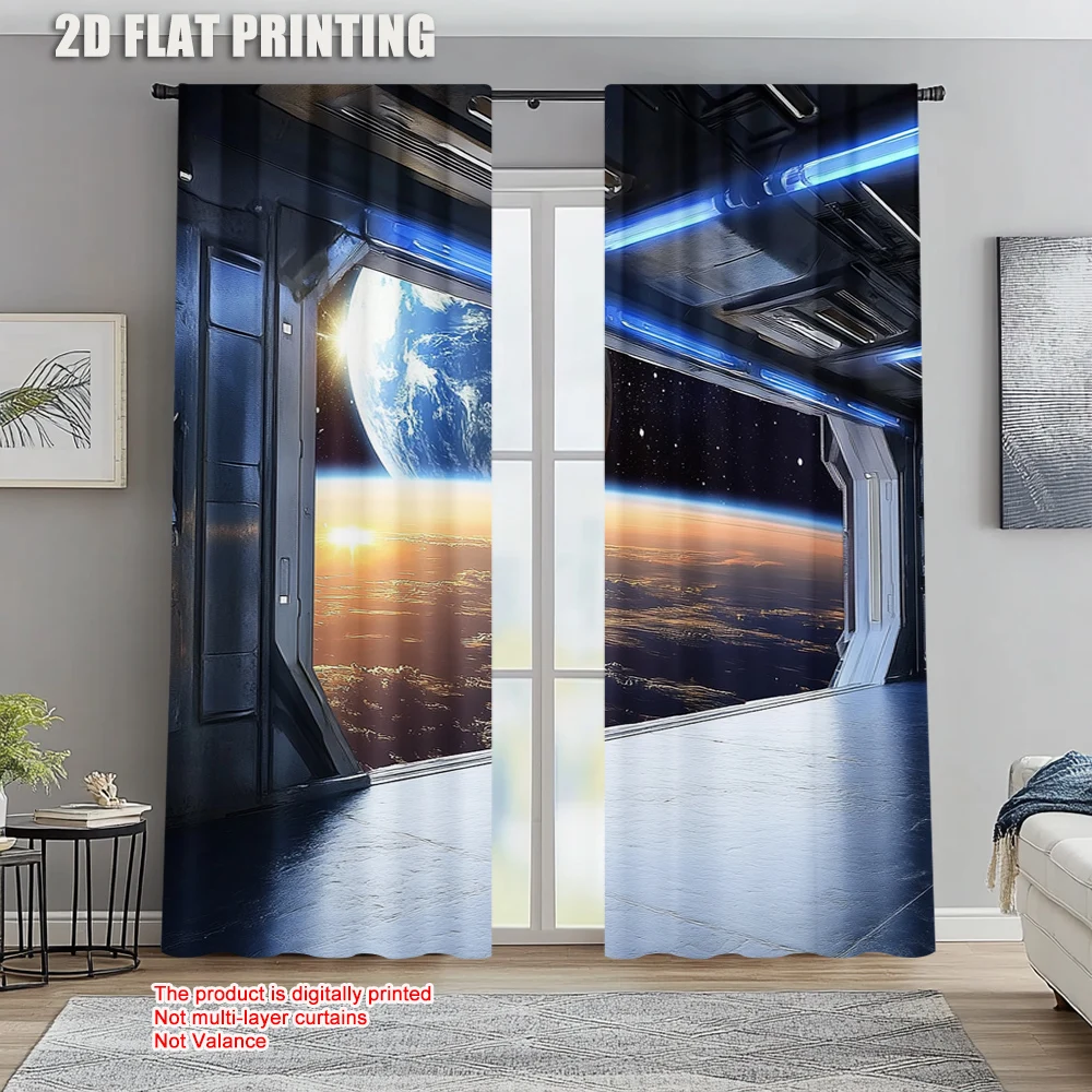 

2pc, Drapes Outer Space Earth Durable Polyester,Without Electricity Family Party for Bedroom living room