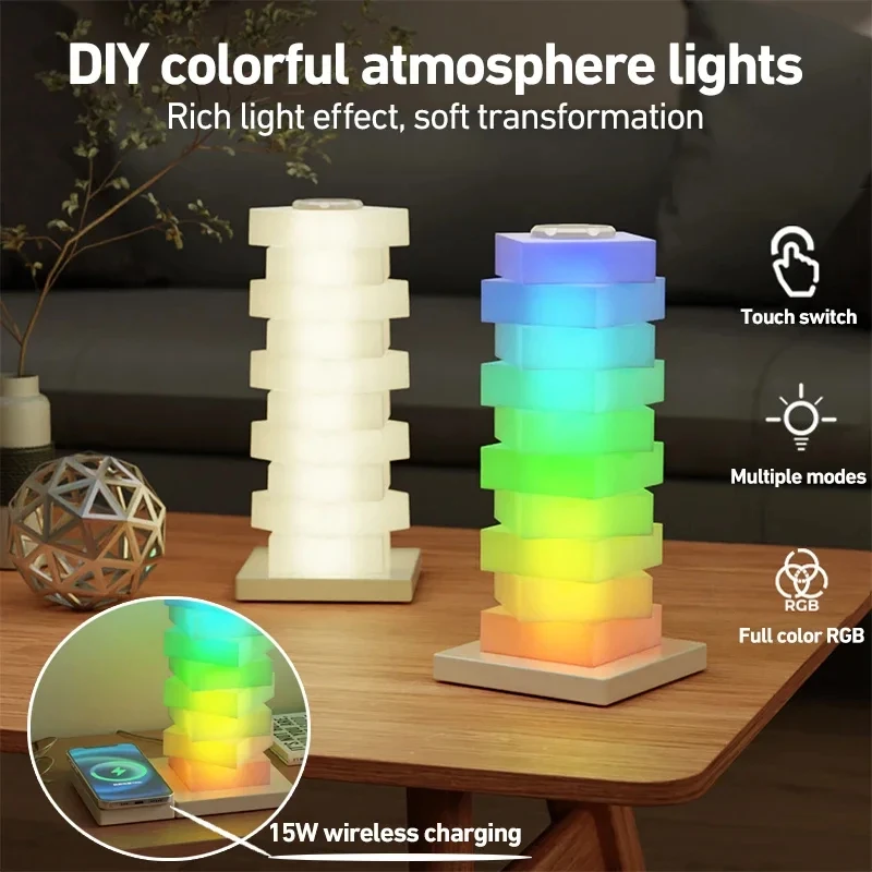 Versatile DIY Table Lamp RGB Light With Color-changing And Shapes Chageable, Table Lamp With Wireless Charger Bedside Lamp