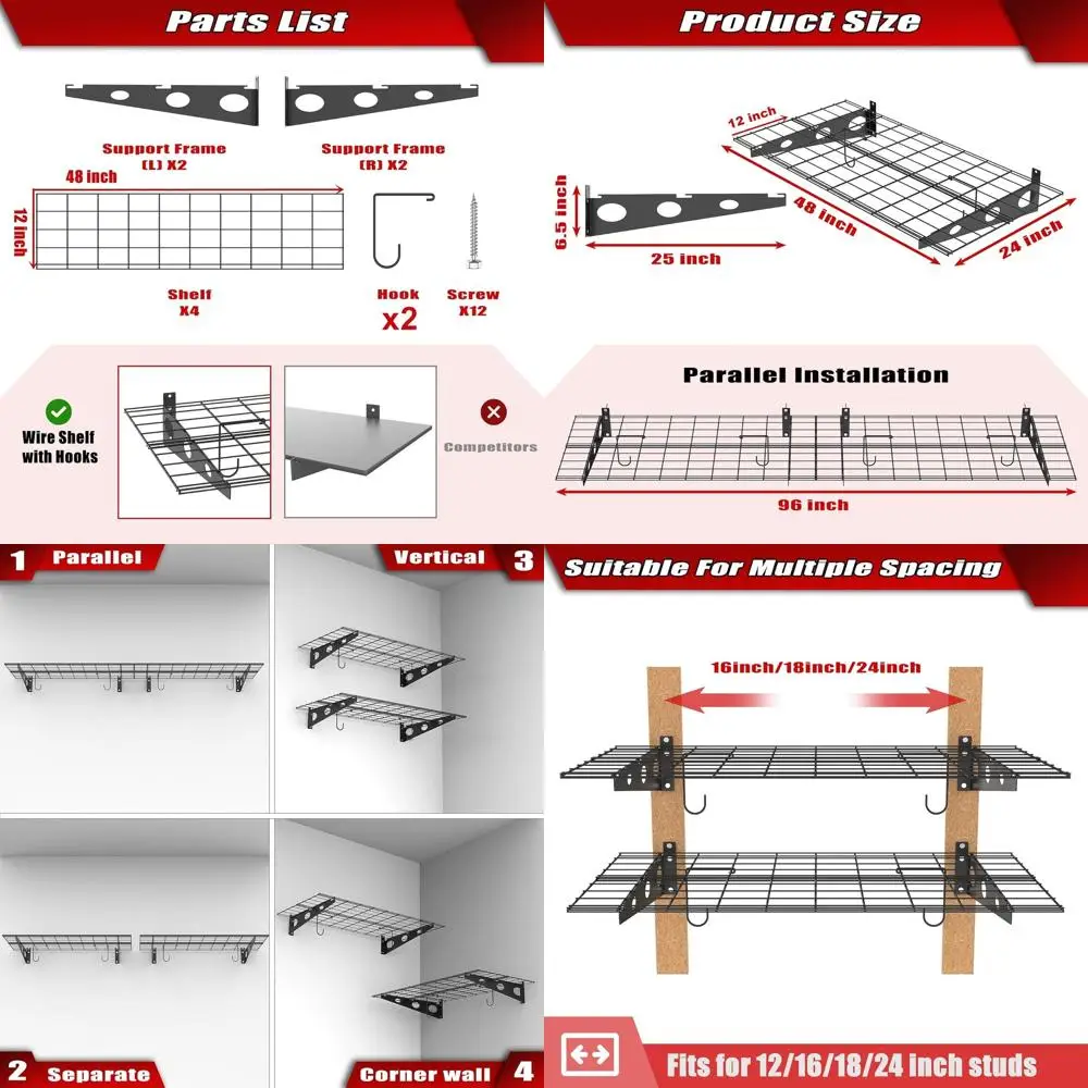 

Pair of 48 Black Heavy-Duty Garage Wall Shelves, 2 x 4ft Capacity Up to 220 lbs