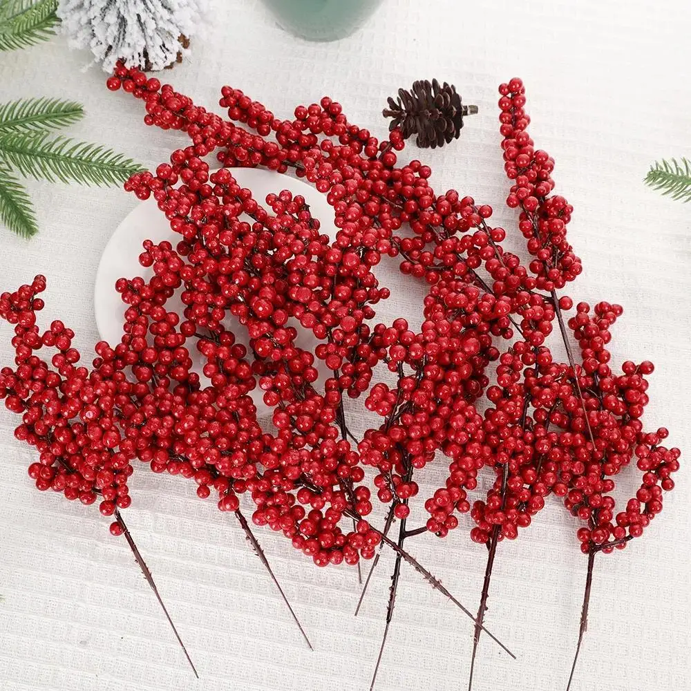 50/1Branch Red Berries Stems DIY Artificial Foam Holly Berry Stamen Fake Plants Fruit Bouquet Wreath Christmas Party Home Decor