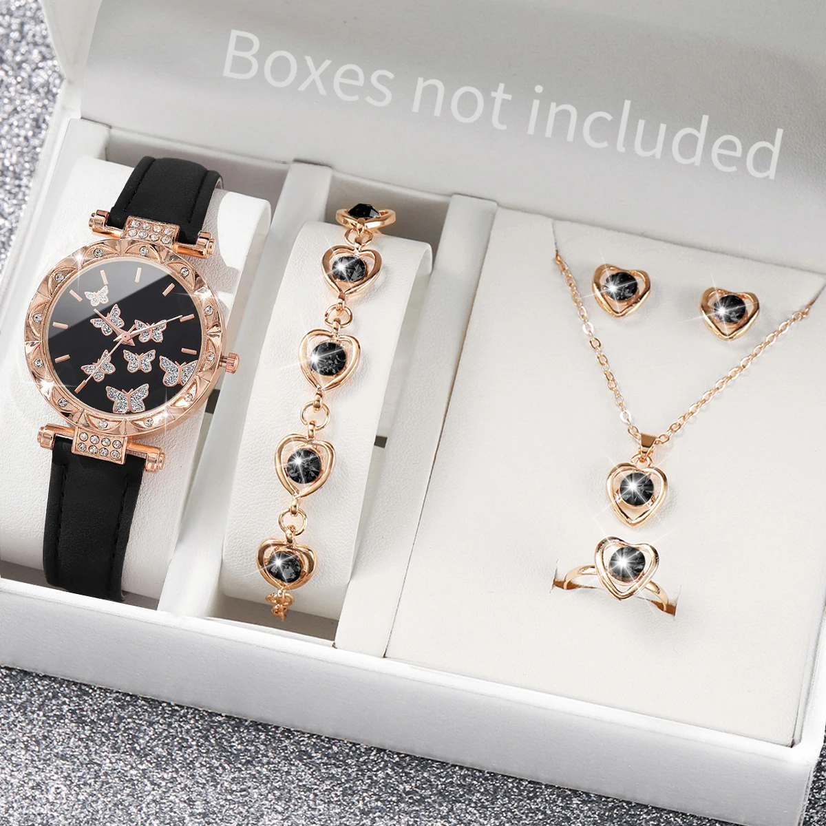 6PCS/Set Fashion Butterfly Dial Women\'s Quartz Watch Casual Leather Band Wristwatches Rhinestone Jewelry Set（Without Box）