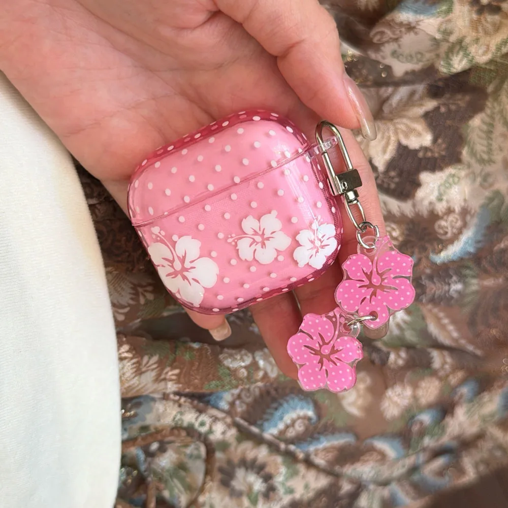 Translucent Pink Case For AirPods Pro 2 3 4 1 Bluetooth Box AirPods Pro 3  Soft Floral Pattern Cover Shell With Flowers Keychain