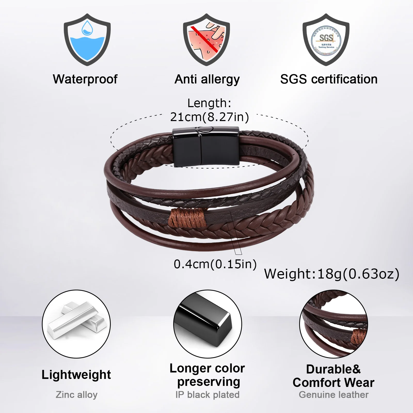 Vnox Herren Lederarmband, mehrschichtig geflochten, mit Magnetverschluss, Vintage-Punk-Stil, handgefertigter Modeschmuck, Geschenk für den täglichen Gebrauch. – Detail 6