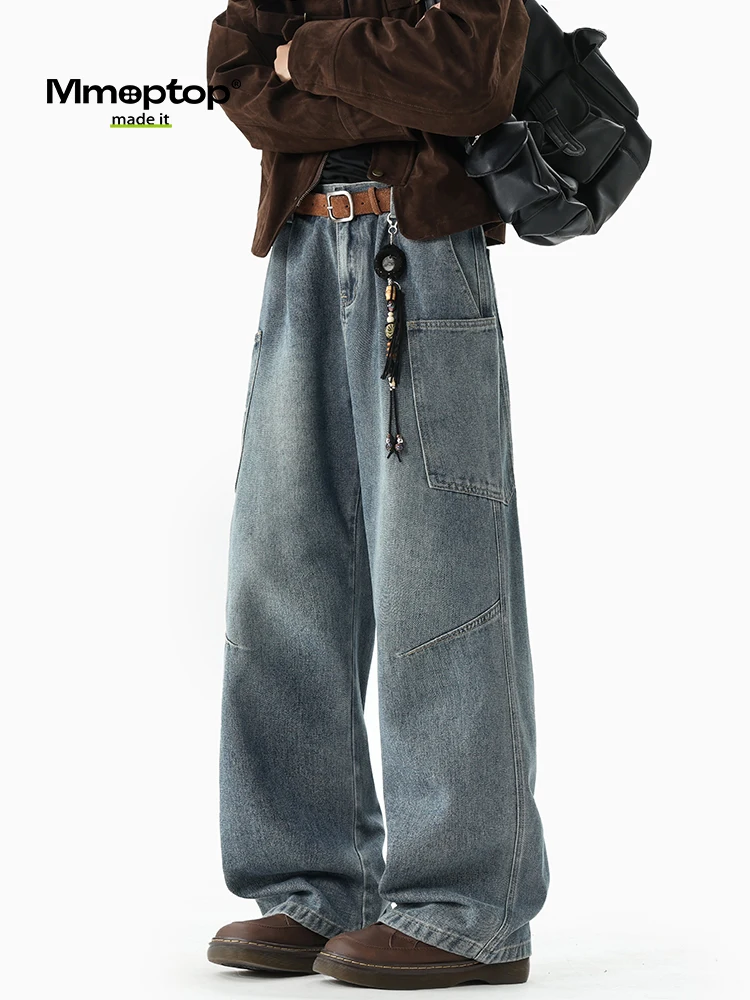 

MMOPTOP American Style Casual Wide Leg Jeans Men Loose Washed Long Pants Trendy Casual Trousers Cotton Polyester Blend