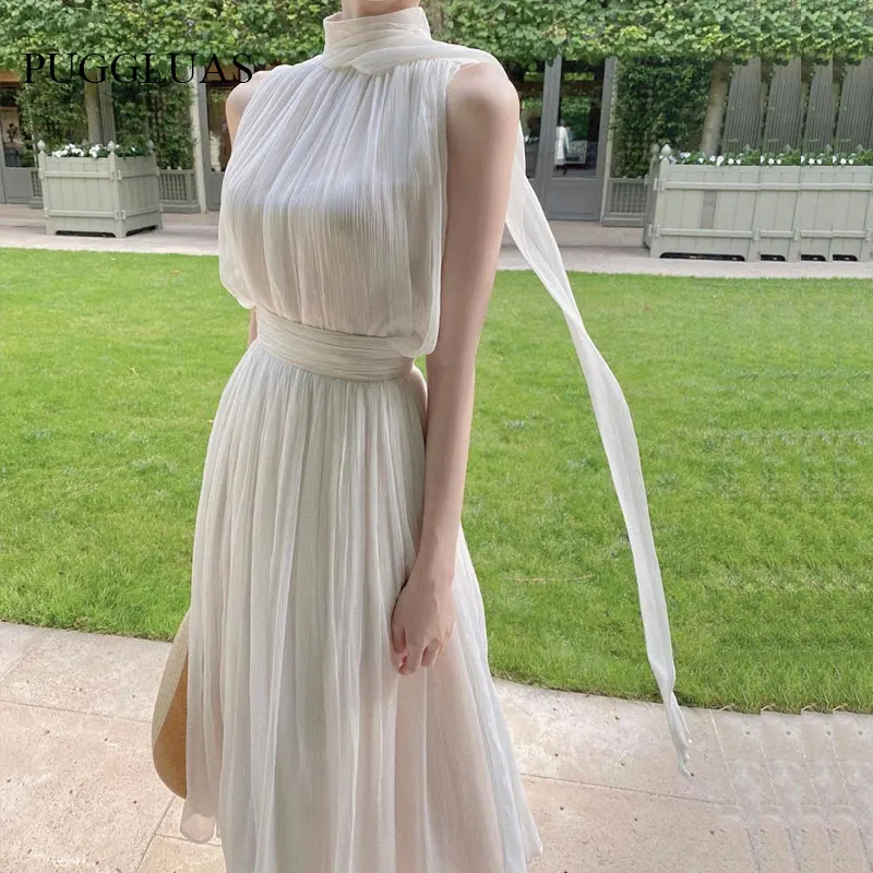 2024 Summer Elegant Women's Dress Gentle High Collar Sleeveless Solid Chiffion Midi Dress Fashion Sexy Korea Sundress Vestido