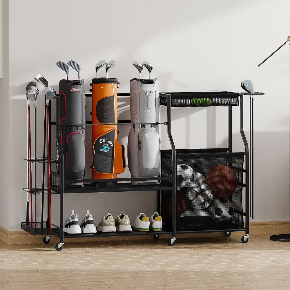 

Sports Equipment Organizer 3 Golf Bags Storage Stand w/ Wheels for Garage Black