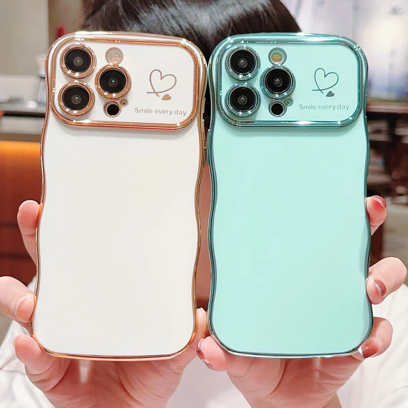 Wave Side Plating Love Heart Phone Case For iPhone 11 12 13 14Pro Max 15 Pro Max Candy Color Lens Protection Soft TPU Back Cover