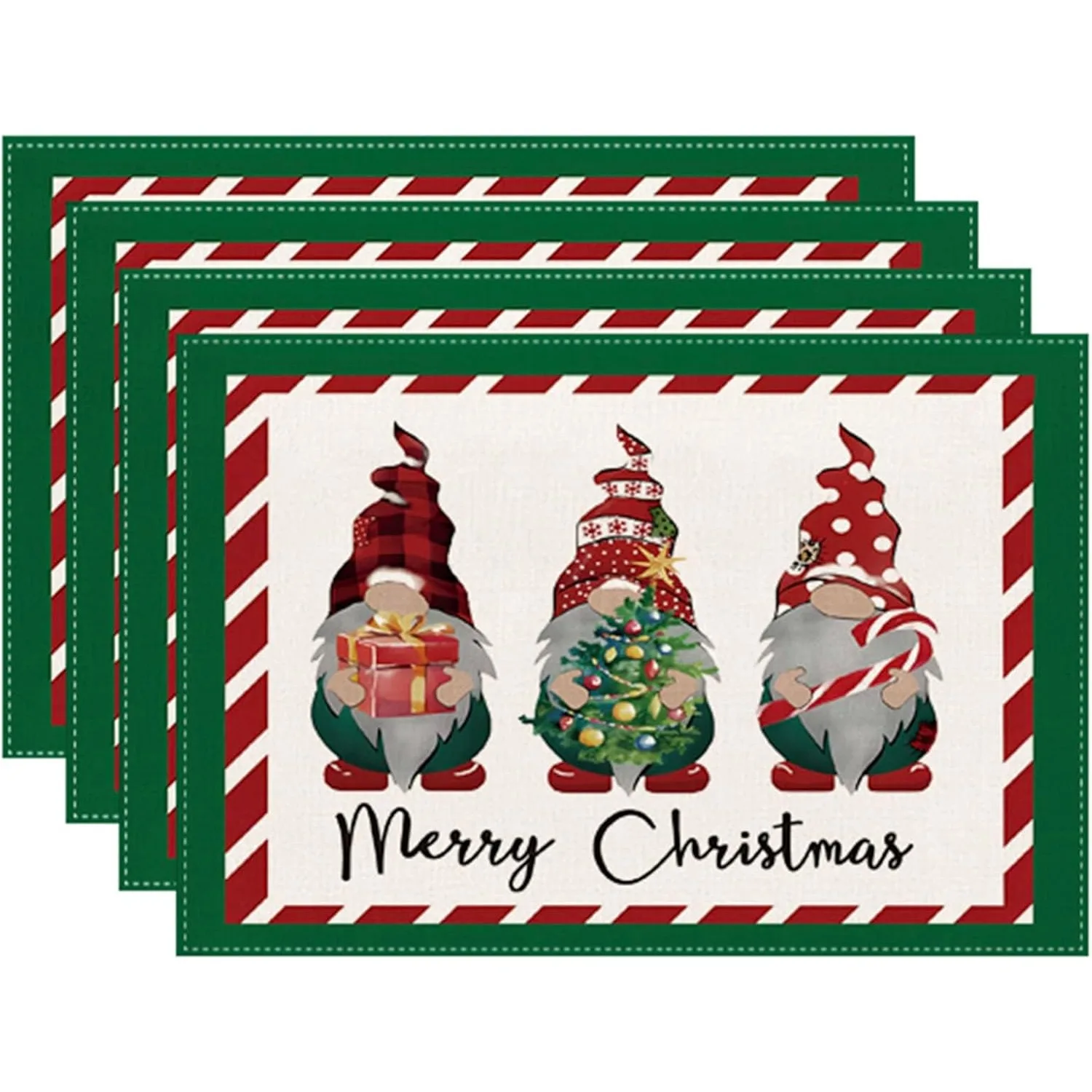 Christmas Gnomes Placemats Set of 4, 12x18 Inch Red Green Candy Cane Xmas Winter Holiday Table Place Mats for Kitchen Dining