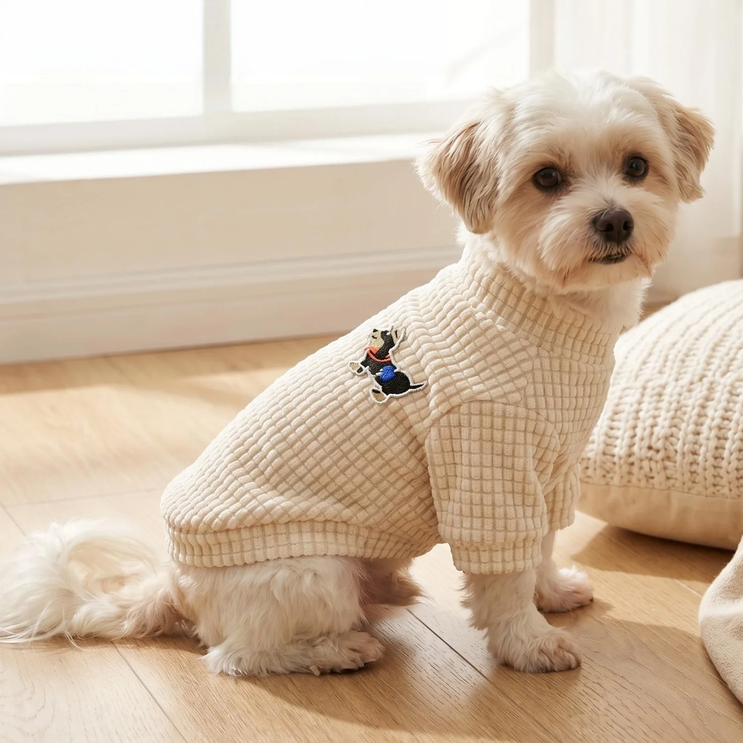 1 Stück Waffelstruktur-Hundepullover mit Cartoon-Hunde-Stickerei, Haustierkleidung für kleine und mittelgroße Hunde, Chihuahua, Pudel, Haustierbekleidung – Detail 1