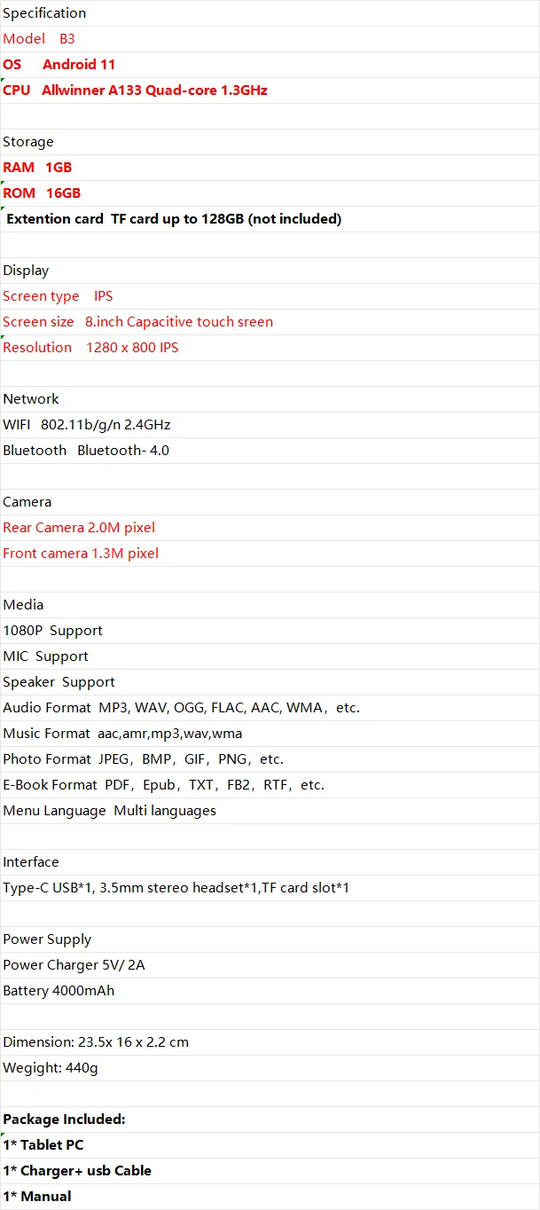 8 INCH T10 Tablet PC 1GB RAM 16GB ROM 1280 X 800 IPS 1.4GHz B3 Android 11 Quad Core Dual Camera CPU Allwinner A133