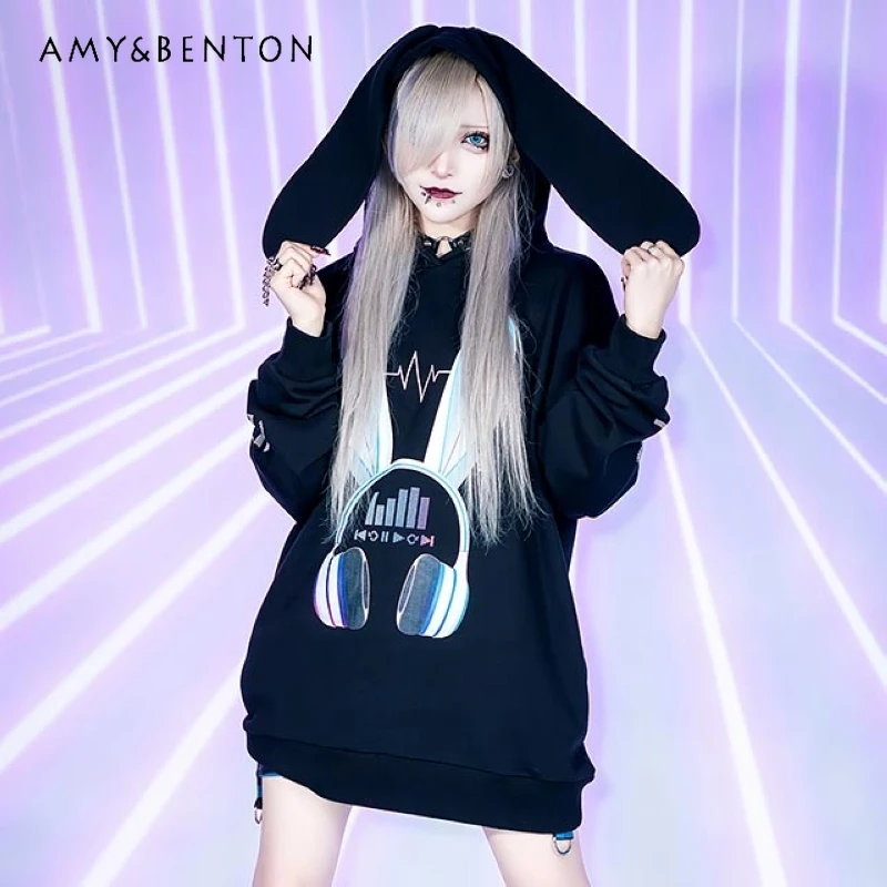 

Japanese Harajuku Style Cute Bunny Ear Oversized Hoodies Women Autumn Street Punk Colorful Cartoon Print Subculture Sweatshirt