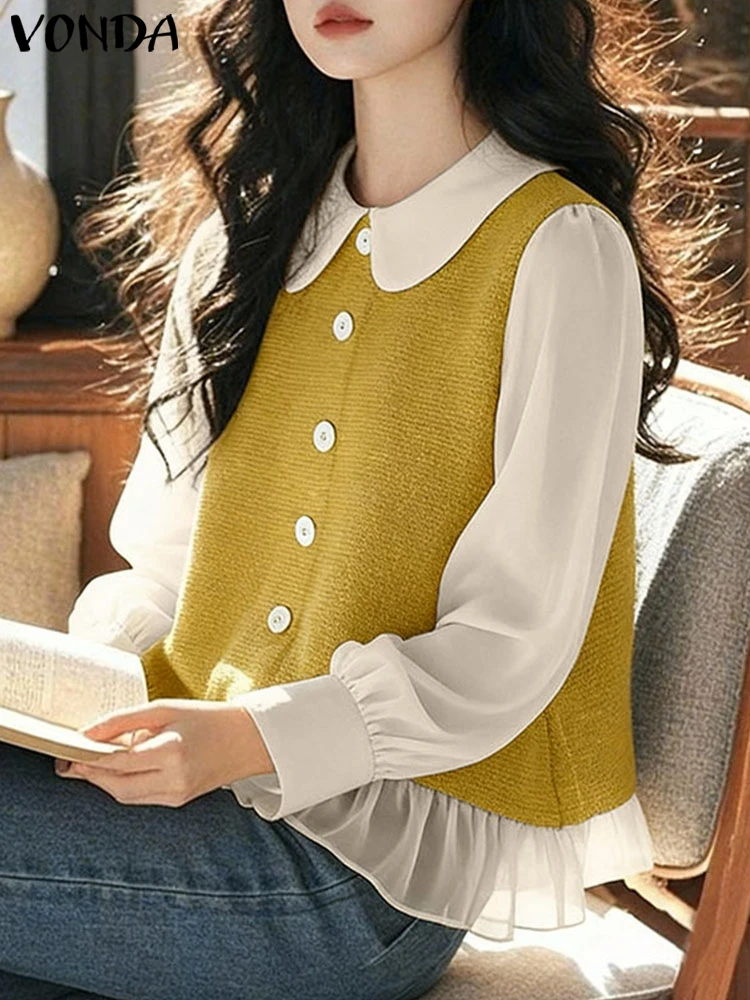 

VONDA Women Autumn Long Sleeve Shirt 2025 Patchwork Buttons Tunic Tops Fashion Casual Loose Blusas Femininas Elegant OL Blouse