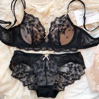 New Women Lingerie Set Sexy Lace Push Up Bra French 3/4 Thin Cup Bralette Cute Bow Decoration Underwear Comfort Bras Briefs Sets 6