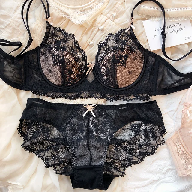New Women Lingerie Set Sexy Lace Push Up Bra French 3/4 Thin Cup Bralette Cute Bow Decoration Underwear Comfort Bras Briefs Sets 6
