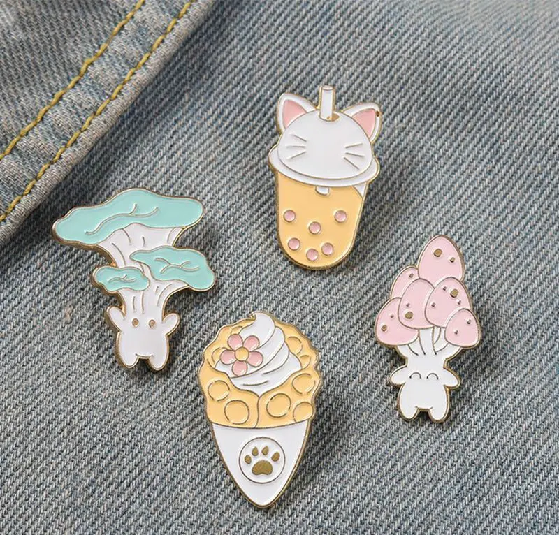 Paddestoel Ijs Boba Thee Kat Poot Broches Tas Hoed Revers Pin Cartoon Badge Sieraden Gift Kids Meisje Voedsel Emaille Pins