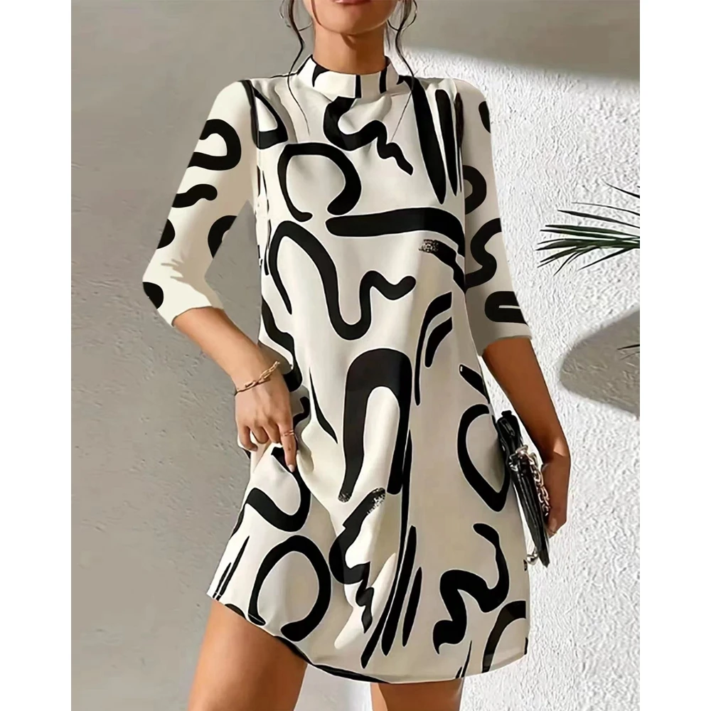 

Autumn Winter Abstract Print Mock Neck Long Sleeve Casual Dress for Women Femme A-line Casual Birthday y2k Elegant Streetwear