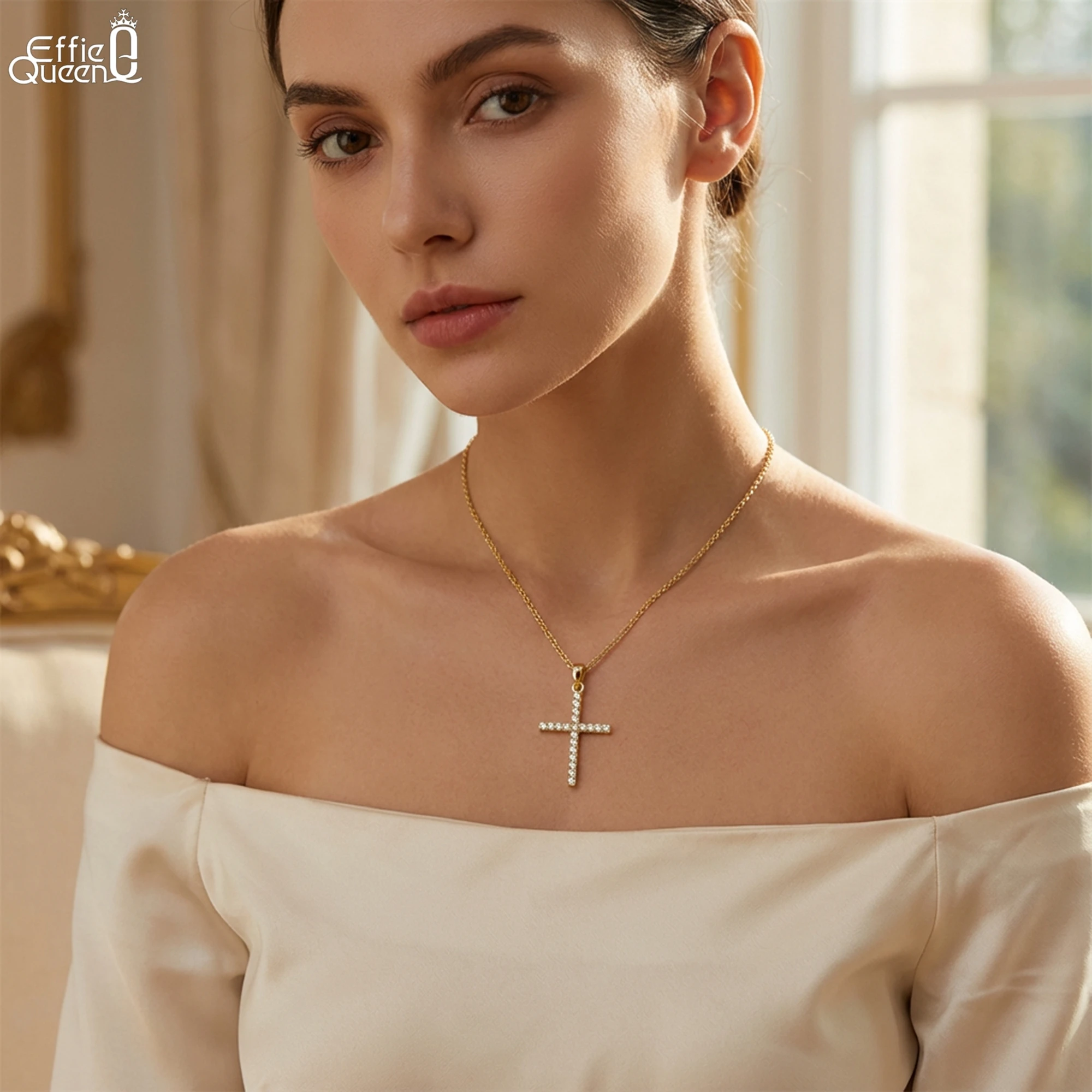 

Кулон-крестик EFFIE QUEEN из чистого серебра 925 пробы с позолотой 14 карат и цирконием, религиозное украшение, цепочка на шею для женщин и мужчин, повседневный стиль, SN219