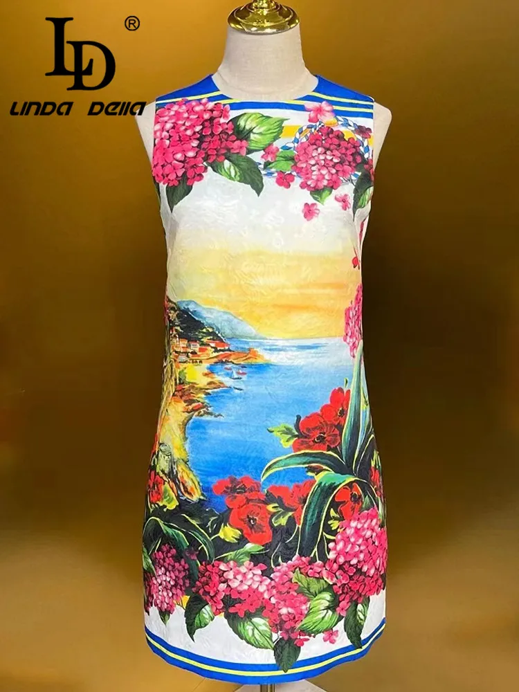 

LD LINDA DELLA Summer Women's Dress Sleeveless Jacquard Elegant Romantic Print Pretty Slim-Fit Hip Wrap Casual Holiday Dresses