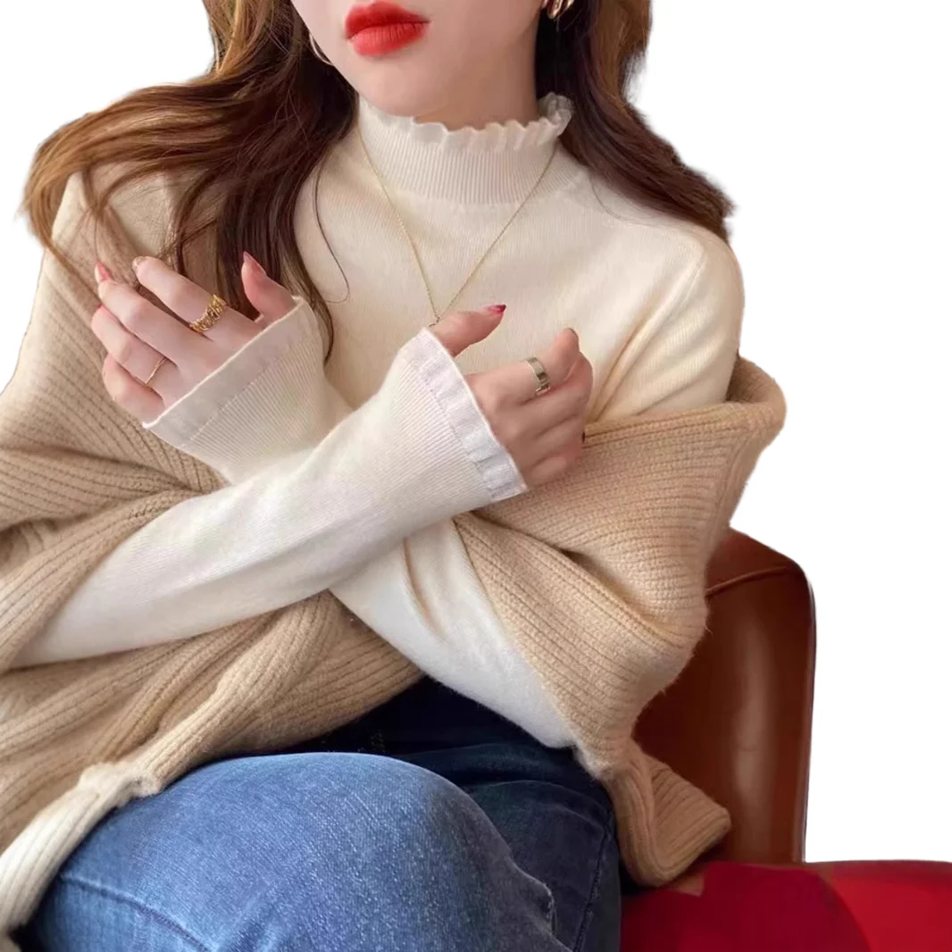 Women's f High Collar Knitted Lace Base irt Autumn Winter Faionable Inner Wear White Top 2025 New Sle Polyester Fiber