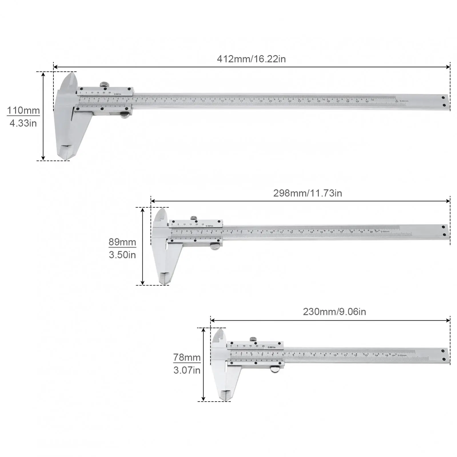 Imagem -02 - Vernier Caliper Métrica Imperial Escalas Duplas Corrediça de Aço Carbono Vernier Caliper Régua Calibre Ferramentas Medida 1pc 150 mm 200 mm 300 mm