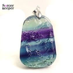 Silver Plated Vintage Natural Rainbow Fluorite Gemstone Carving Scenery Crystal Pendant Fashion Women Men Jewelry Making BO578