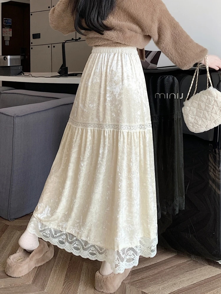 Qiukichonson Mid Long Skirt Women Velvet Skirt 2024 Goth Lolita Autumn Winter High Waisted Crochet Lace A-line Maxi Skirts rok