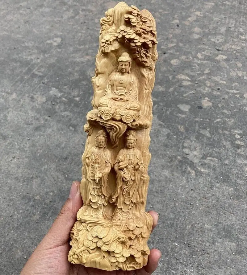 

9" Natural Boxwood Carved Three Holy Buddha Statue Boddhisattva Figures