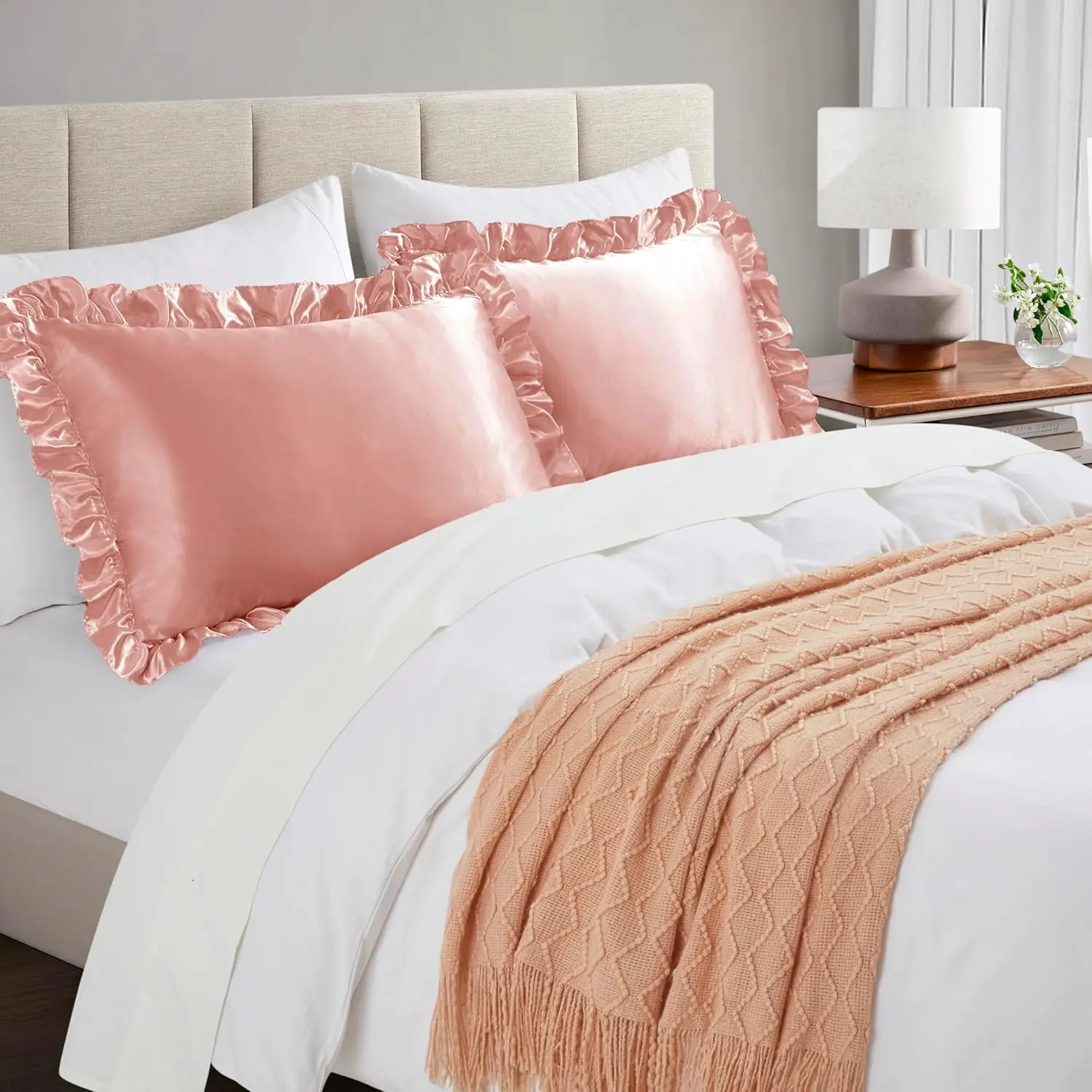 2Pcs Satin Ruffled Pillow Cases for Hair and Skin, Solid Color Silk Pillowcases with Envelope Closure Princess Room Decoration view 5