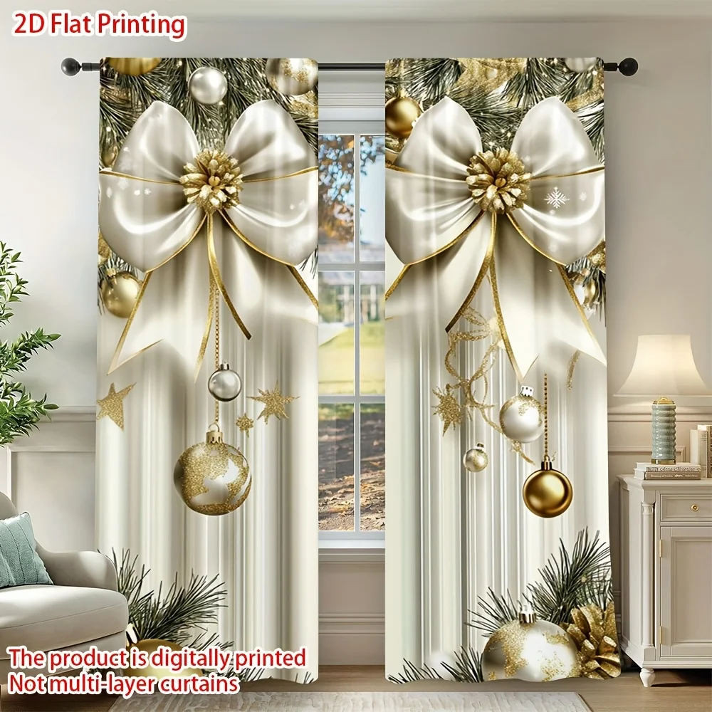

2pcs 2D Flat Gold Bell Print Holiday Curtains – Art Deco Style for Bathroom, Office & Living Room Decor