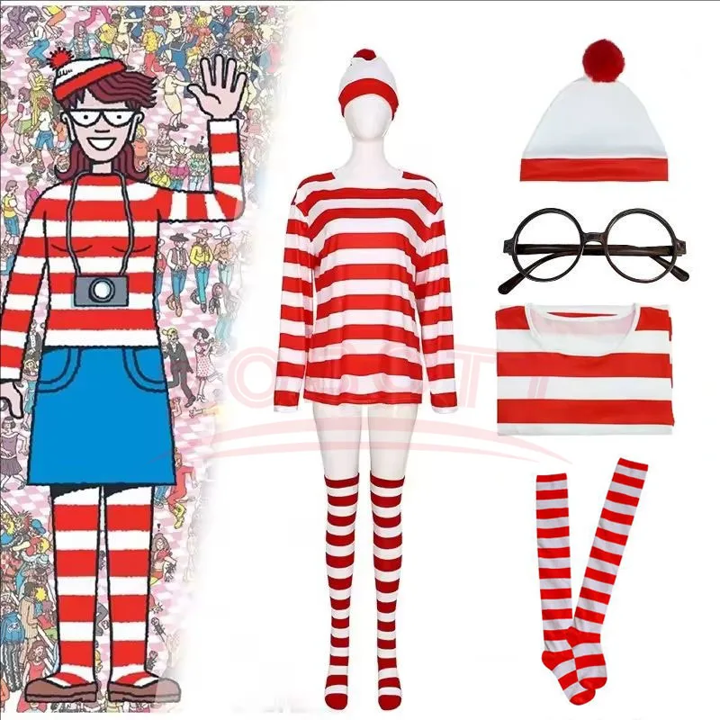 

Wheres Waldo Family Wally Cosplay Costume Short Sleeves GlassesHat and Socks Kids Adults Halloween Carnival Cosplay Costume