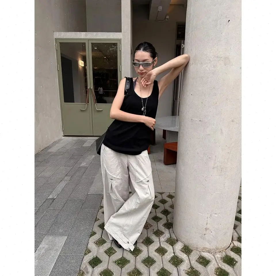 Women Jeans Vintage Denim Pant Wide Leg Long Pants Mid Waist Straight Trousers Y2k Streetwear Pleated Elegant Splice Work Button