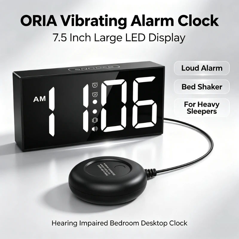 7.5 Inch Vibrating Alarm Clock LED Large Display Loud Alarm Bed Shaker for Heavy Sleepers Hearing Impaired