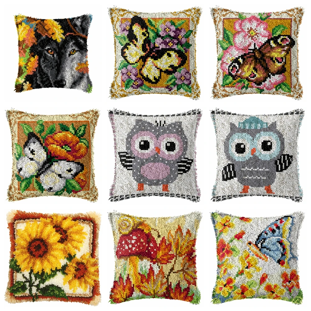 

Cartoon Animal Knot Pillow Package Latch Hook Kit Cushion Pillowcase Kussen Set For Needlework Latch Hook Kits Butterfly Owl DIY