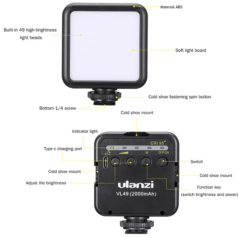 Ulanzi VL49 Mini LED Video Light, preenchimento de fotografia portátil, Vlogger, Cold Shoe, câmera DSLR, VL49, 2000mAh, CRI 95 + 5500K