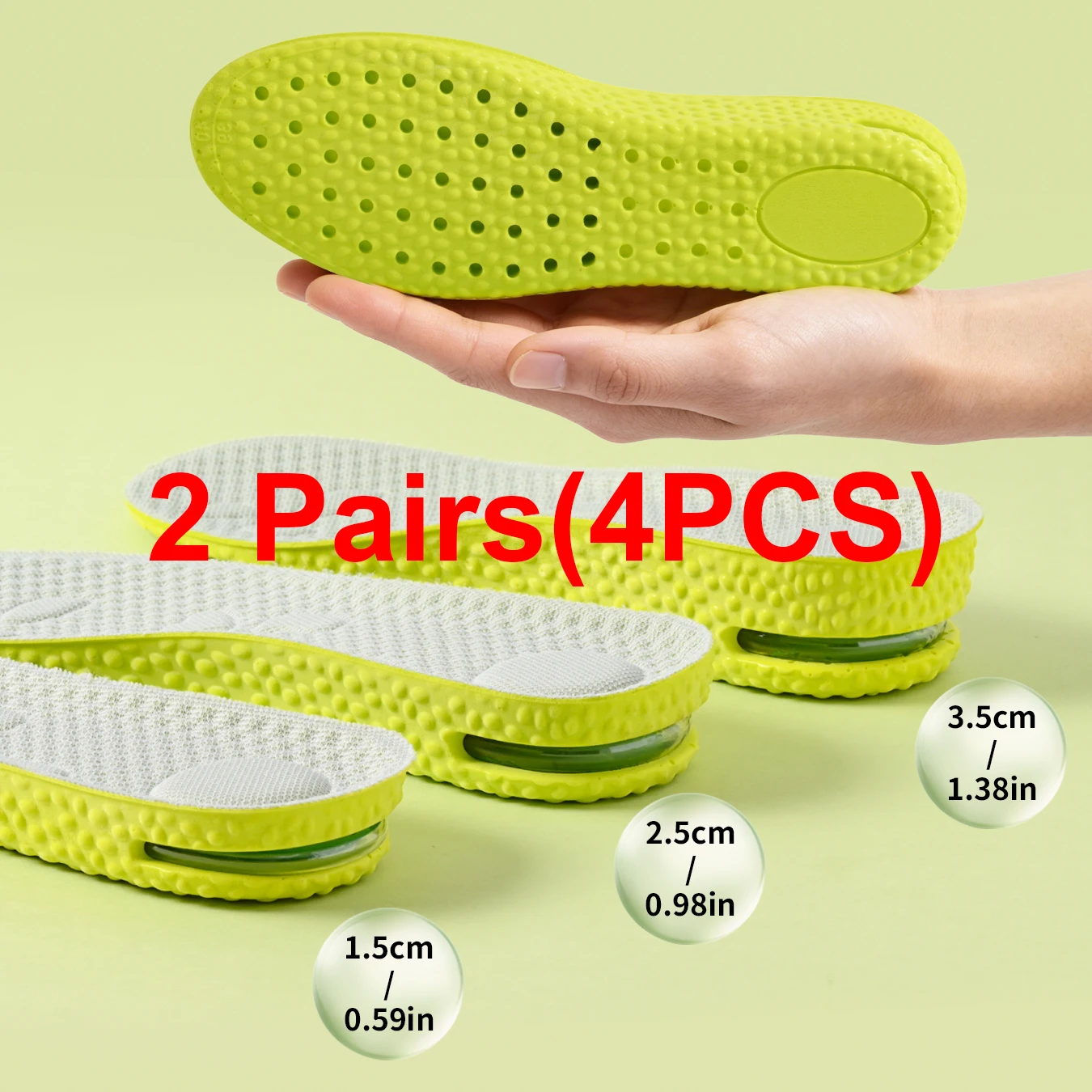 2 Pairs/4 PCS Air-Cushioned Height-Increasing Insoles High-Elasticity Latex Comfortable Shock-Absorbing Breathable Insole