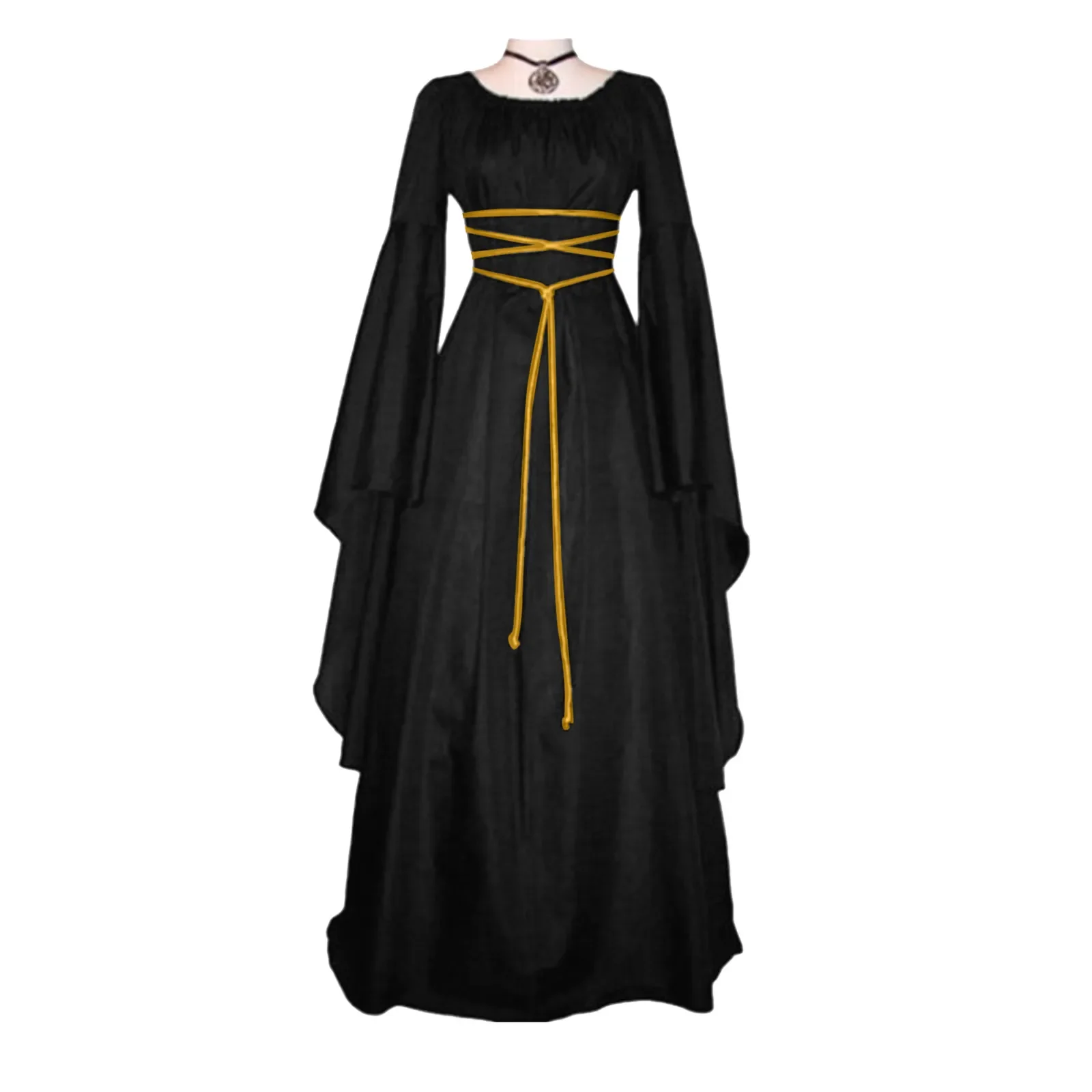 Maxikleid Mittelalter Retro Gothic Kleid Langarm Lace Up Cosplay Abend Party Prom Damen Kleider Vestidos