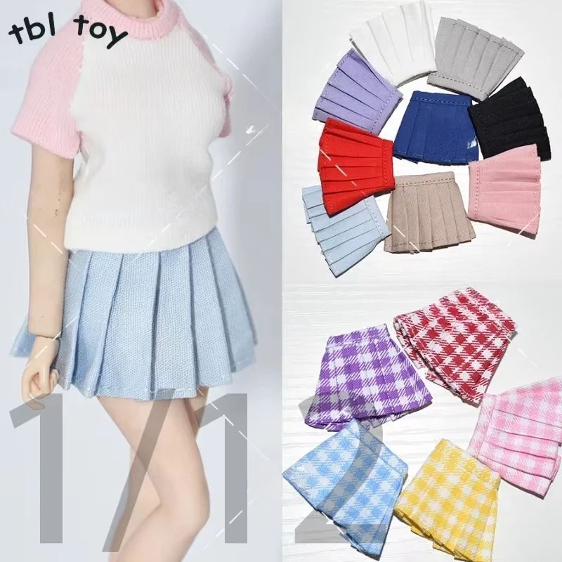 1/12 Scale Female Doll Clothes Solid Color Checkered Pleated Skirt for 6