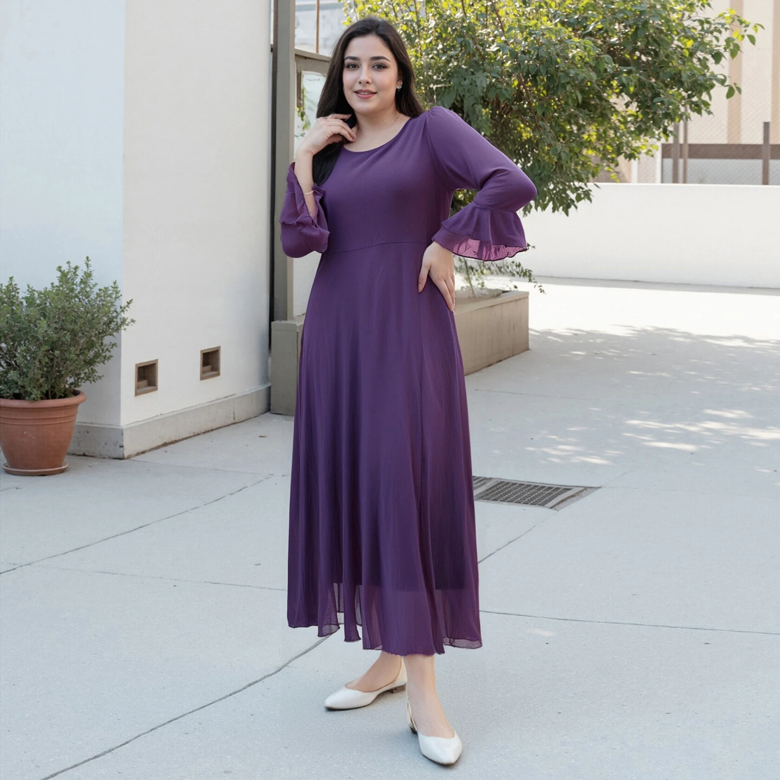 

2025 Women Long Dress Sexy Ladies Slim Long Sleeve Crew Neck Pleated Solid Loose Fall Dress for Daily Party Plus Size Dresses