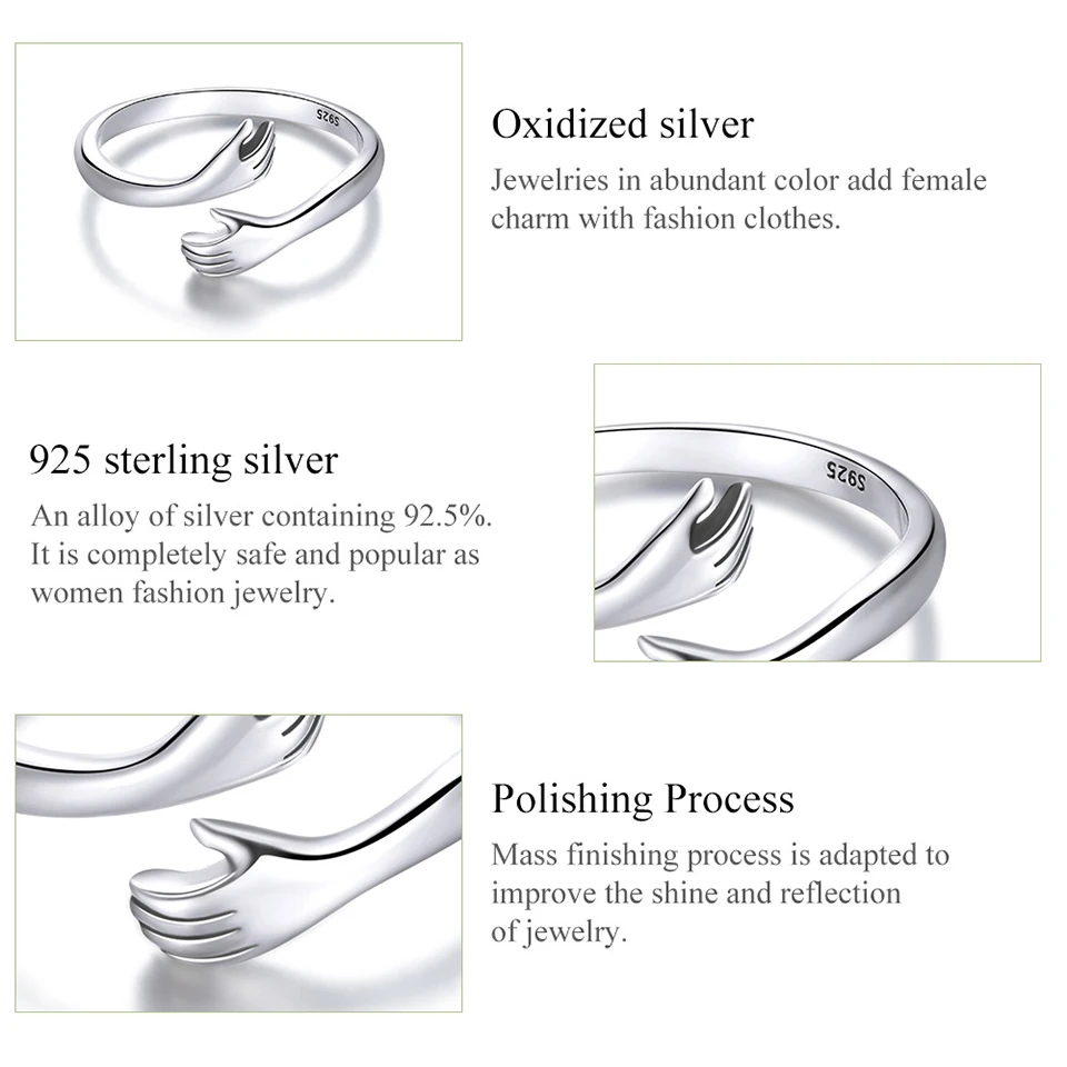 BAMOER 925 Sterling Silver Hug Open Ring Warm Love Hand Adjustable Glossy Ring for Women, His Big Loving Family Party Gift
