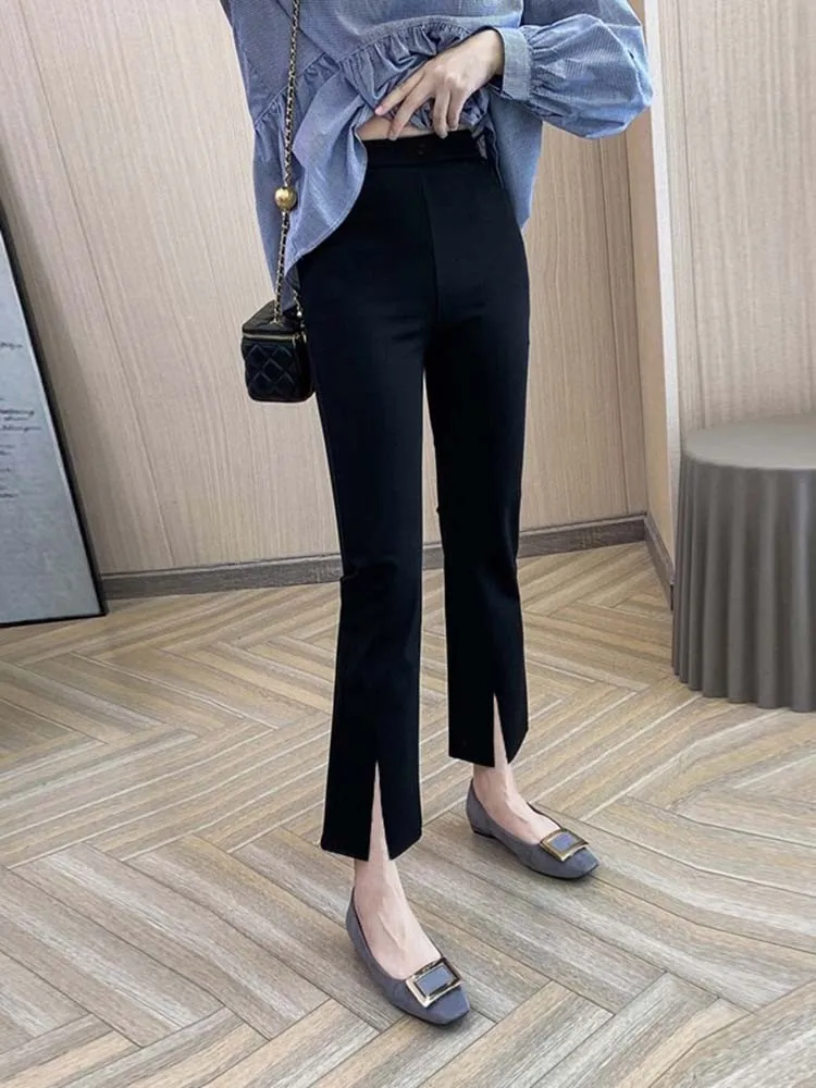 

Брюки с высокой талией и широкими штанинами, модные, с разрезами, утягивающие, укороченные, слегка расклешенные, прямого кроя, для женщин больших размеров