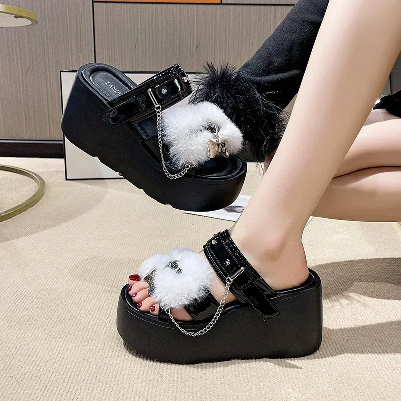 8.5 سنتيمتر الشرير برشام مكتنزة أسفل الارتفاع زيادة الصنادل النساء الصيف الشاطئ تنفس شبشب جلدي الإناث الترفيه أسافين #6